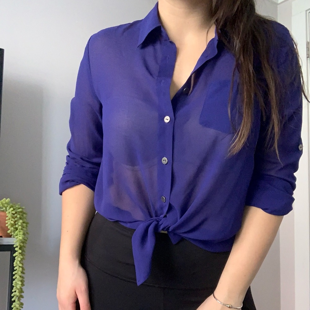 Forever 21 | Button Down Long Sleeve Sheer Blouse | S | Royal Blue